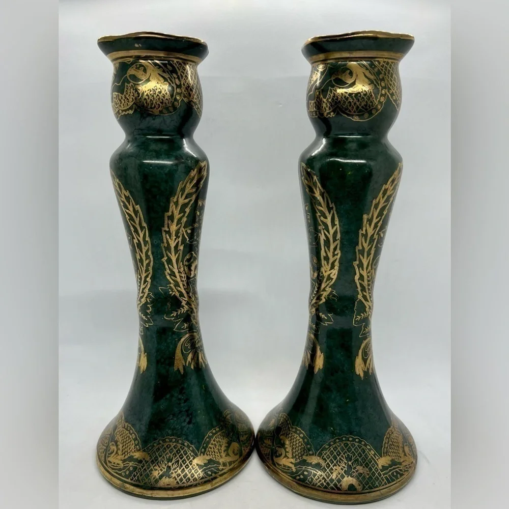 Vintage Pair Of Andrea by Sadek -Green & Gold Filigree Candlesticks